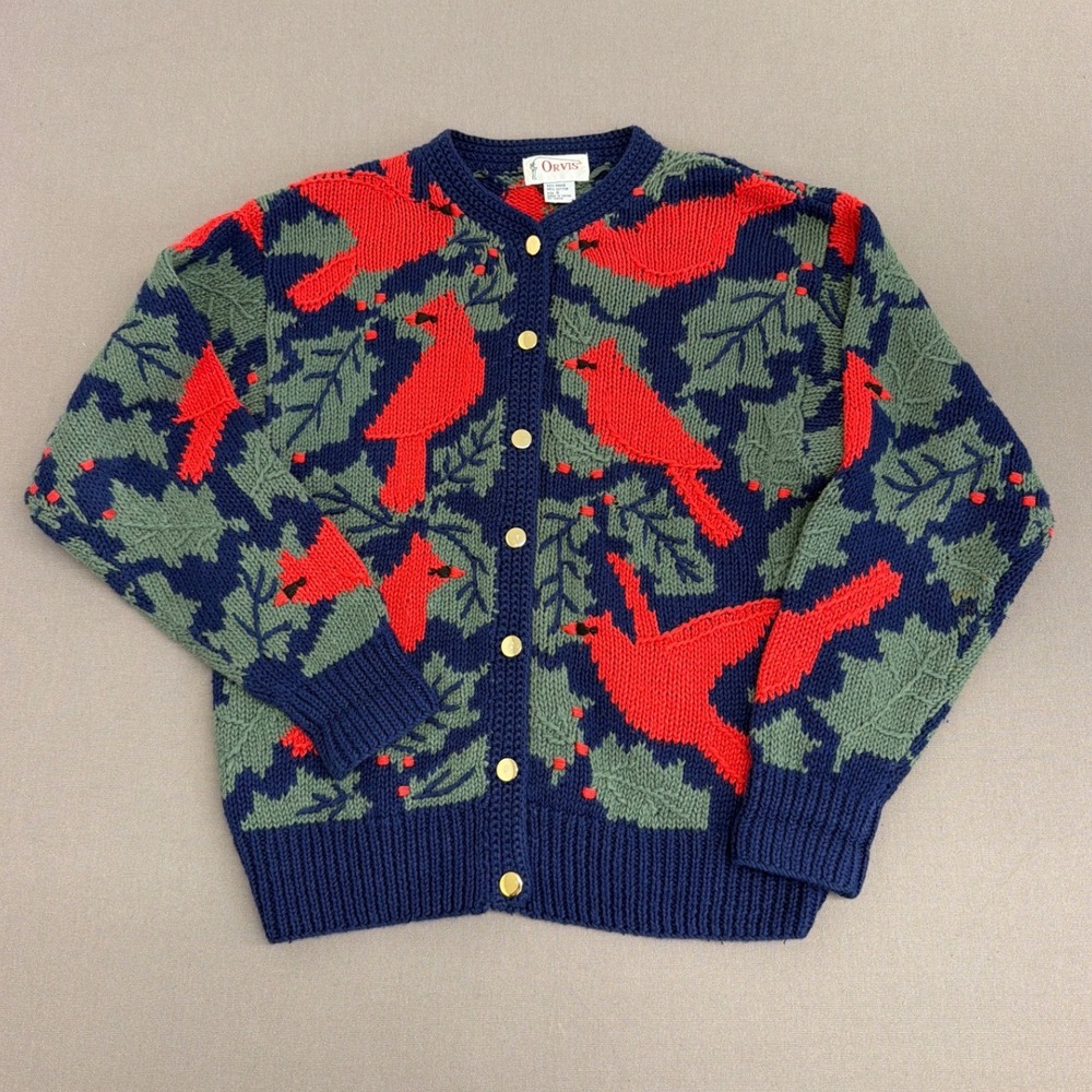 Orvis Vintage Cardinal Bird Holly Knit Cardigan Sweater Navy Blue Red Small
